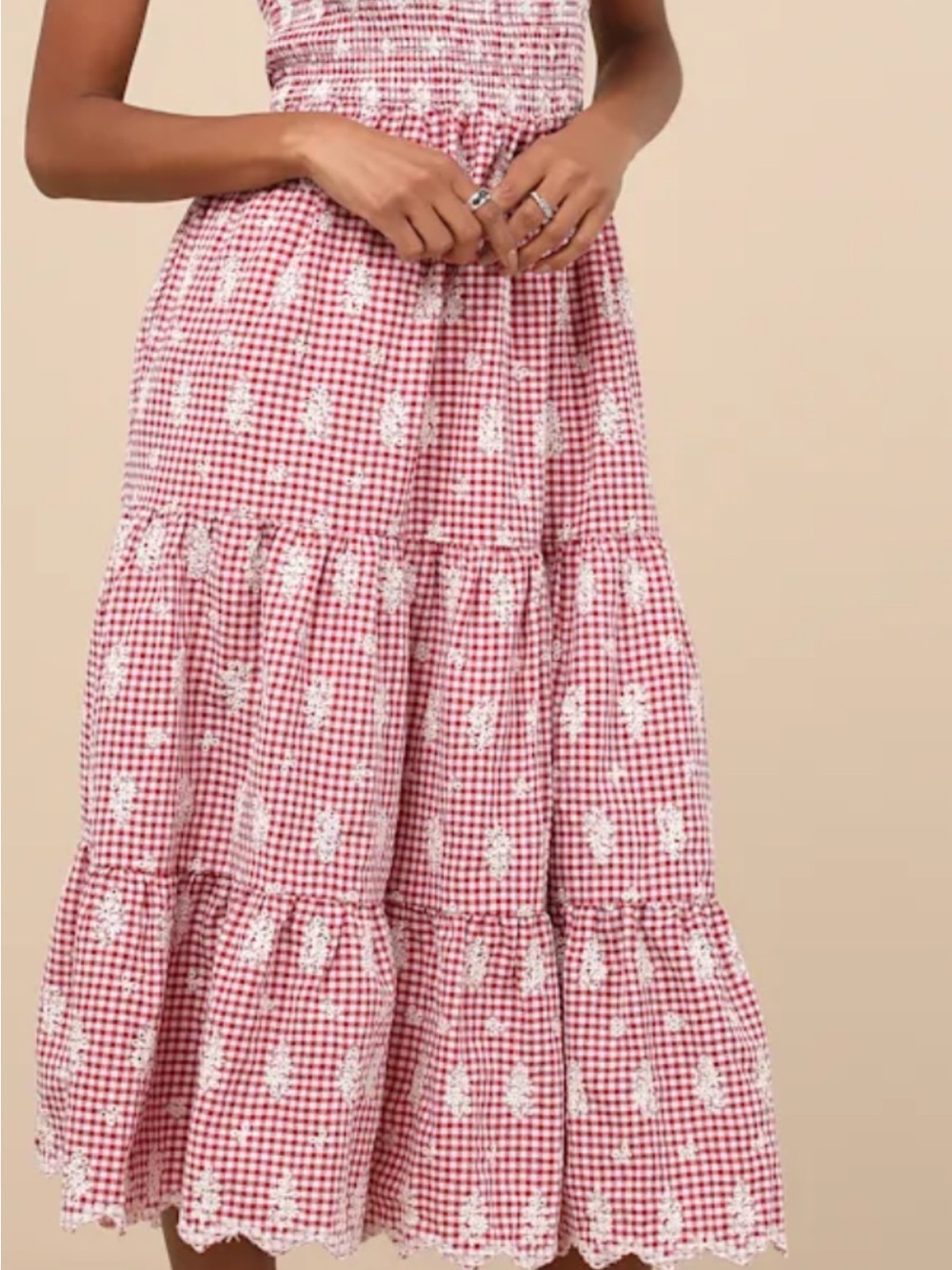 Jacqui E Red Gingham Tiered Midi Dress with Cream Tie Straps - Picture 3 of 4